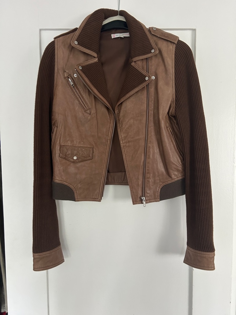 Paul & Joe Sister Brown Leather Jacket with Knit Sleeves
